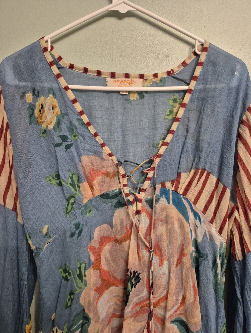Orange Women's Boho Festival Blue Floral Striped Lace-Up V-Neck Tunic Size S/M - Picture 3 of 11